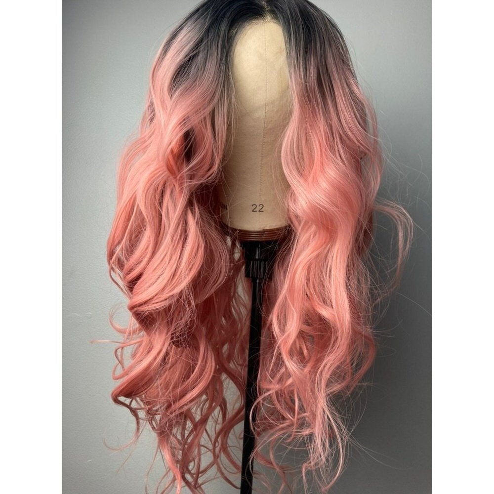 Black Root Peach Pink Wig